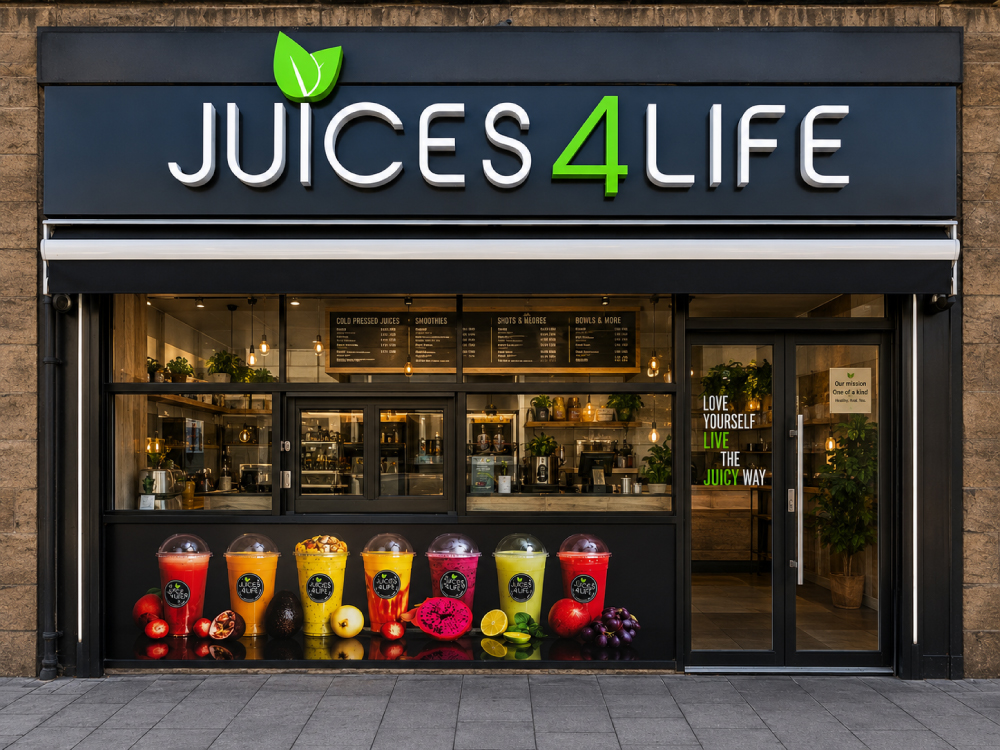 Juices4Life juice bar shopfront on Soho Road, Birmingham