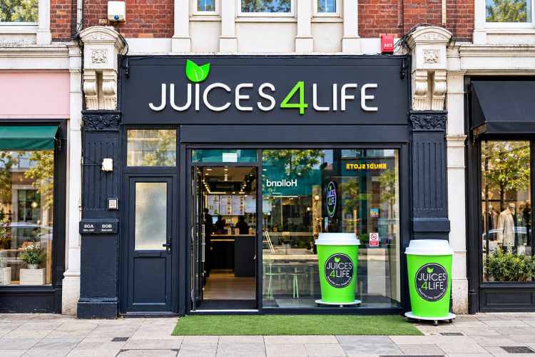 Juices4Life juice bar shopfront in Shoreditch, London